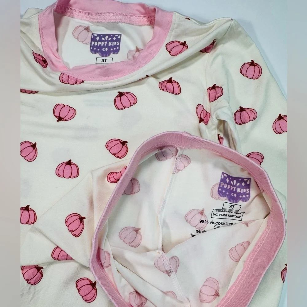 Poppy Kids Co Girls Bamboo Pink Pumpkin Pajamas Size 3T